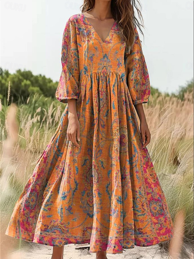  Femmes Robe maxi Robe d'Été Robe trapèze Robe Plissée Vacances Occasionnel Boho Quotidien Fête Sortir Coupe Ample Fleuri Graphique Manche 3/4 Col en V Jaune Violet Orange