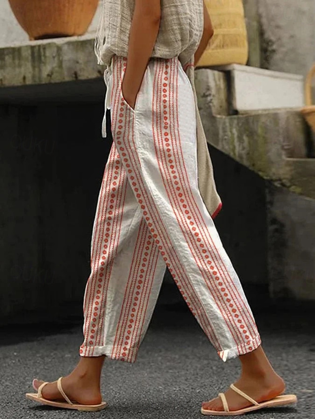  Women's Chinos Vacation Vintage Ethnic Style Full Length High Waist Stripe Lines / Waves Stripe Soft Outdoor Breathable Micro-elastic Formal Outdoor Vacation White Red Green Fall Loose Fit
