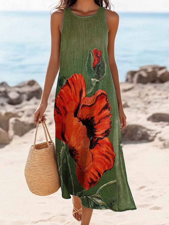  Femmes Robe maxi Robe d'Été Robe fourreau Robe à épaules dénudées Occasionnel Sortir Plage Coupe régulière Fleuri Graphique Sans manches Col en V Vert Été Printemps