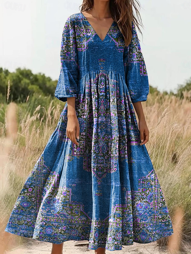  Damskie Sukienka maxi Sukienka letnia Sukienka A line Plisowana sukienka Urlop Codzienny Boho Wyjściowe Luźny / a Kwiaty Graficzny W Tureckie Wzory Rękaw 3/4 W serek Rumiany róż Czerwony Niebieski