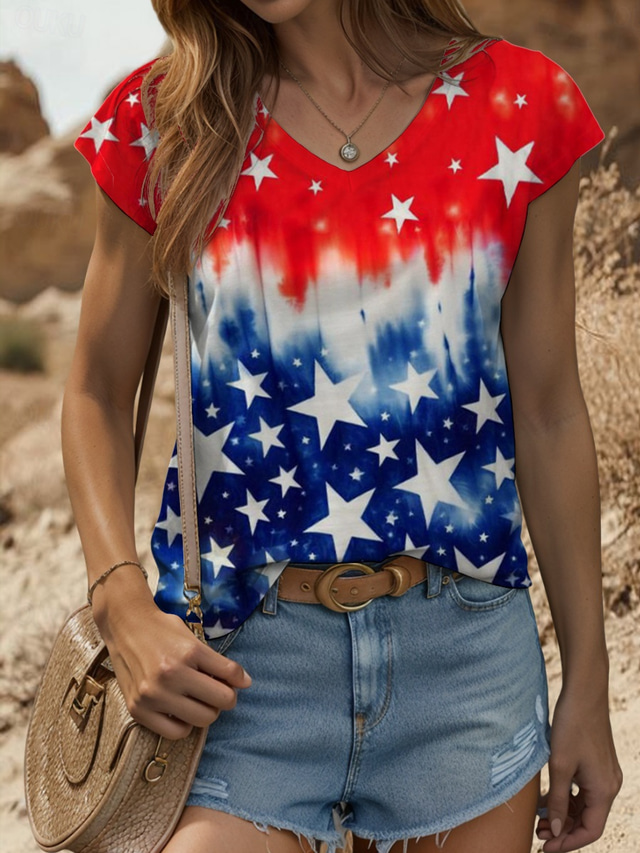  Women's Patriotic  Camisole Tank Top Graphic Flag Vintage Stylish Classic Sleeveless Red White And Blue Short Sleeve V Neck Regular Tops Daily Print Red Summer Spring