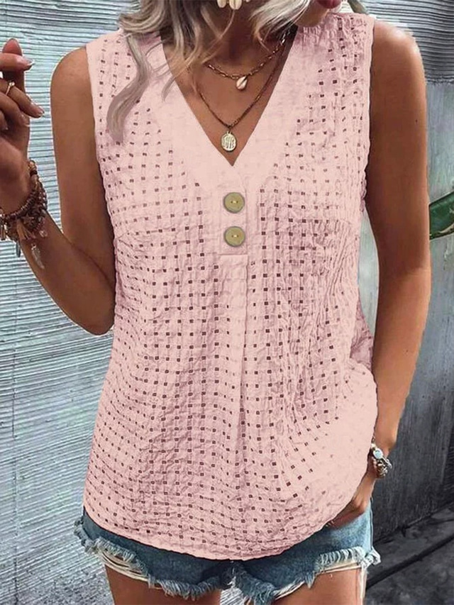  Femmes Chemisier Couleur Unie Élégant ancien Tropical Sans manches Col en V Hauts Réguliers Quotidien Fête Boutons Noir Blanche Vert Claire Rose Claire Bleu clair Été Printemps