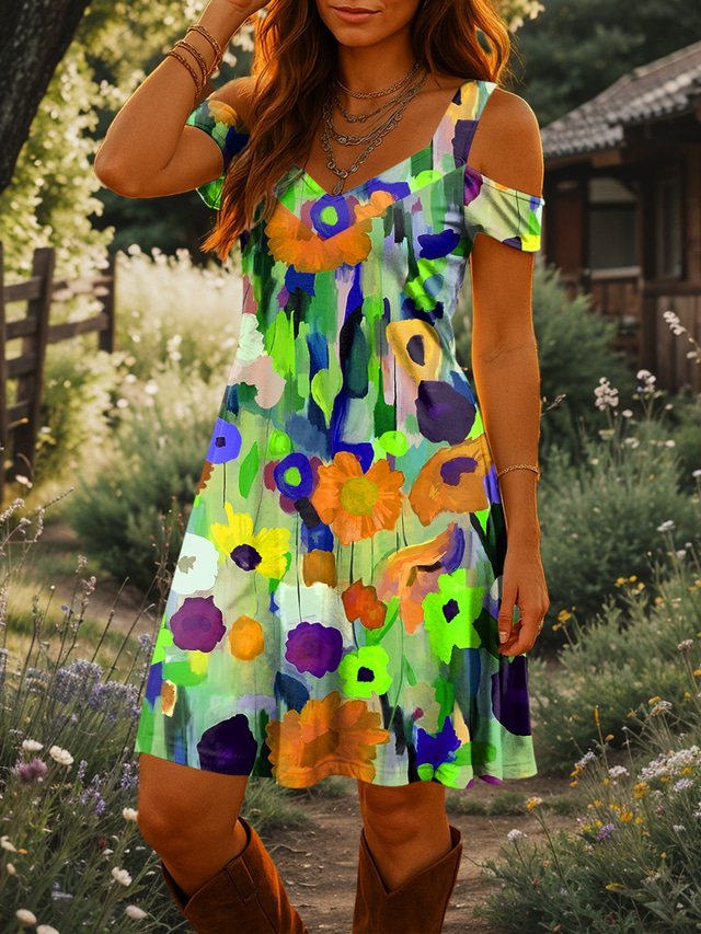  Femmes Mini Robe Robe trapèze Robe d'été Vacances Occasionnel Quotidien Fête Coupe régulière Fleuri Graphique Manche Courte Col en V Rose Claire Violet Vert Été