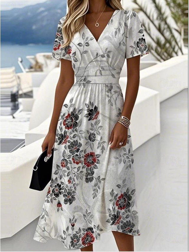  Damen Minikleid Unterkleid Urlaub Lässig Strand Ausgehen Strand Blumen Grafik Ärmellos V Ausschnitt Graues Rosa Blau Sommer Frühling