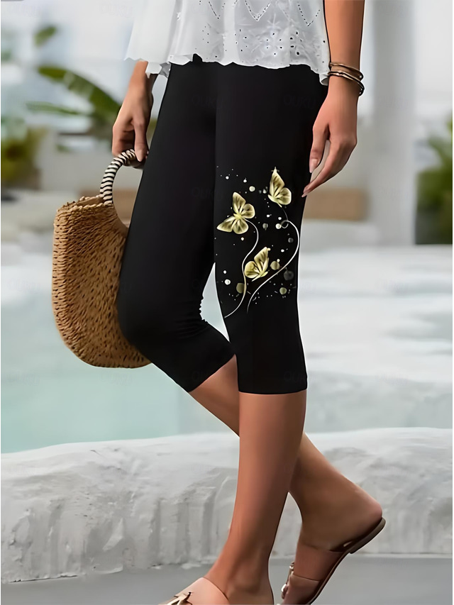  Damen Leggings Urlaub Mode Streetwear Wadenlang Hohe Taille Grafik Tiermotiv Schmetterling Drucken Thermowarm Atmungsaktiv Weich Dehnbar Formell Outdoor Urlaub Schwarz Sommer Frühling Schmale Passform