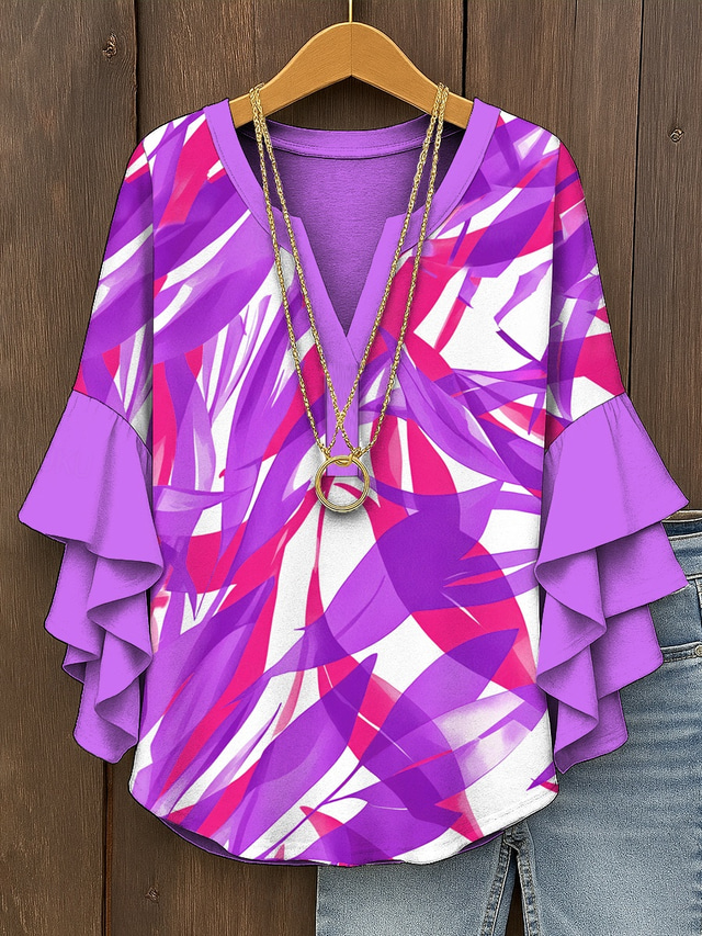  Women's Blouse Layered Ruffle Sleeve Tops Graphic Leaf Abstract Bohemia Vintage Daily 3/4 Length Sleeve V Neck Regular Tops Daily Holiday Vacation Wear Print Yellow Red Blue Purple Green Summer