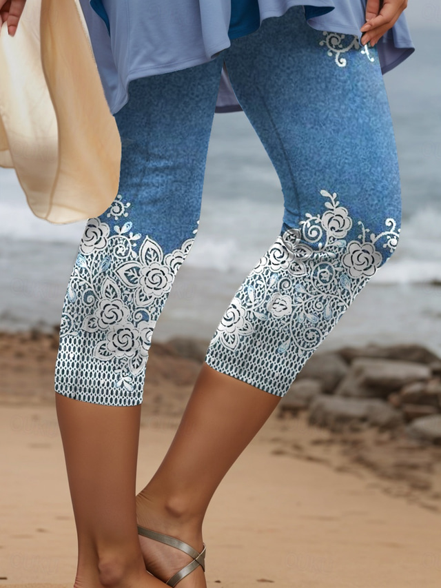  Damen Leggings Capri Hosen 3D Druck Hohe Elastizität Urlaub Vintage Mode Knöchellang Hohe Taille Blumengrafik Geometrisch Atmungsaktiv Weich Dehnbar Formal Urlaub Büro Robin's Egg Blau
