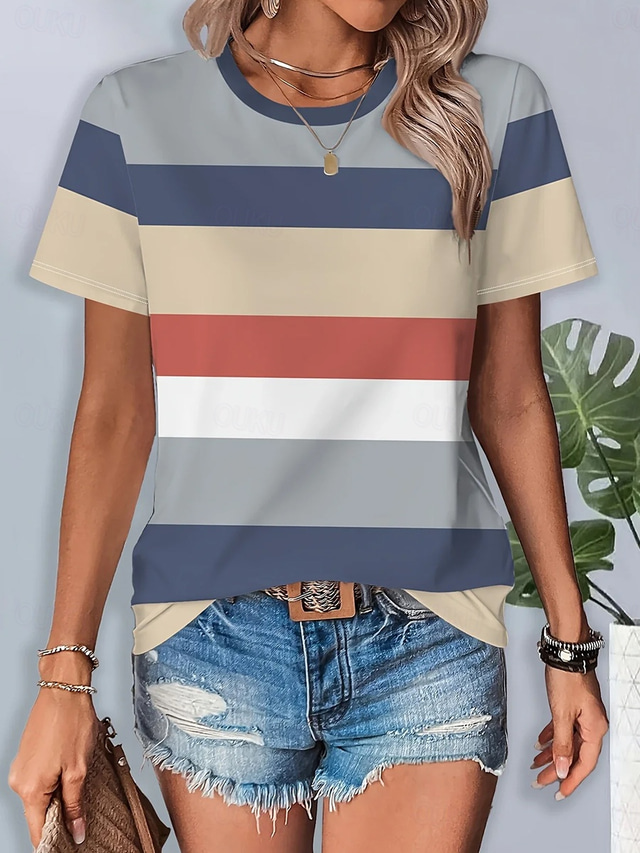  Women's T Shirt Graphic Geometric Striped Vintage Stylish Classic Short Sleeve Crew Neck Round Neck Regular Tops Daily Print Black Dusty Blue Summer Spring