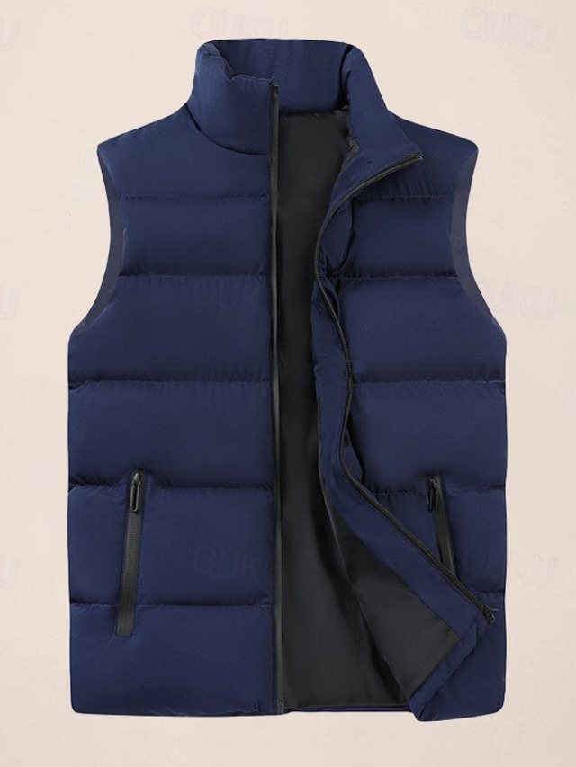 Men's Puffer Vest Daily Casual Fall & Winter Zipper Pocket Polyester Comfortable Plain Zipper Stand Collar Regular Fit Black Burgundy Khaki Dark Blue Vest