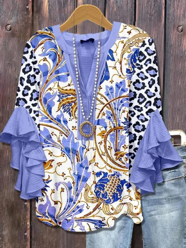  Bluză pentru femei cu mâneci în volane stratificate imprimeu floral grafic paisley Bohemia vintage stil zilnic mânecă 3/4 decolteu în V bluze regulate haine de vacanță imprimeu negru roz mov violet