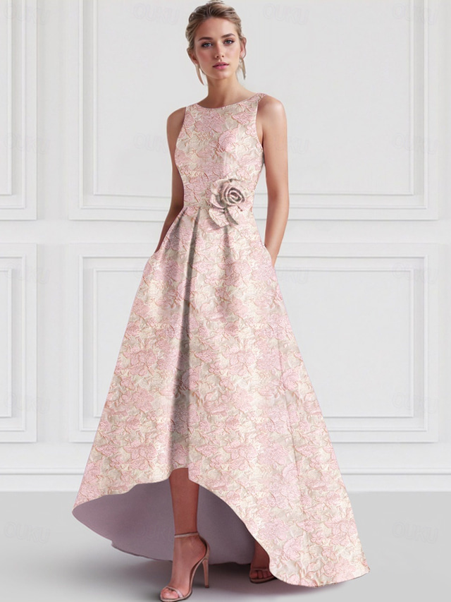  Jacquard A-Line Cocktail Dresses Elegant Dress Formal Wedding Asymmetrical Sleeveless Crew Neck Nylon with Floral Print Pocket Wedding Guest Dress 2025