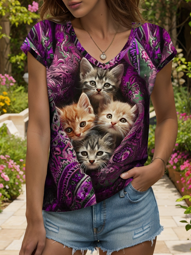  Women's  Animal Cat Camisole Tank Top Vintage Tropical Fashion Sleeveless Short Sleeve V Neck Regular Tops Daily Print Yellow Red Blue Purple Green Summer Spring