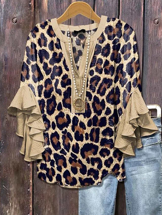  Women's Blouse V Neck Graphic Leopard Striped Elegant Bohemia Ethnic 3/4 Length Sleeve Regular Tops Daily Holiday Vacation Wear Print Brown Khaki Summer Spring Fall
