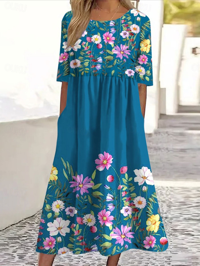  Pentru femei Rochii Midi Rochie A line Rochie de vară Vacanță Casual Zilnic Concediu Potrivire Largă Floral Grafic Manșon Jumate Stil Nautic Albastru celest Albastru păun Vară