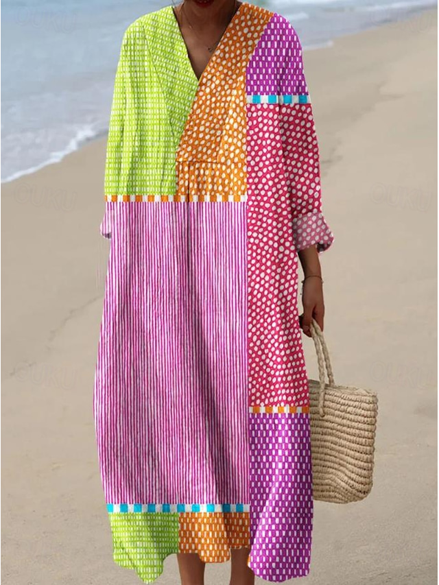 Femmes Robe Midi Robe d'Été Robe trapèze Vacances Occasionnel Boho Soirée Sortir Plage Graphique Géométrique Rayure manche longue Col en V Frêne Jaune Rose Claire Orange Été Printemps