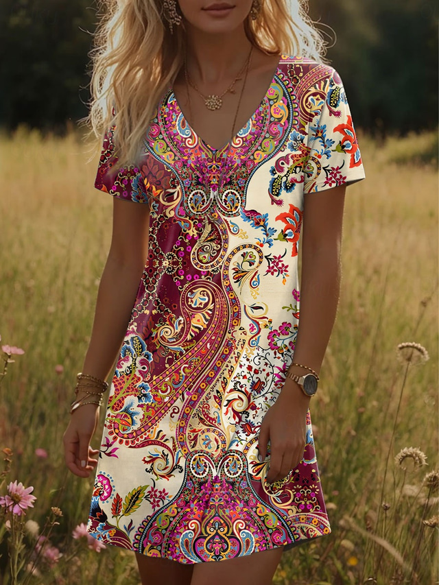  Femmes Mini Robe Robe T-Shirt Robe d'Été Robe d'été Vacances Occasionnel Boho Quotidien Sortir Coupe régulière Graphique Paisley Manche Courte Col en V Rose Claire Été