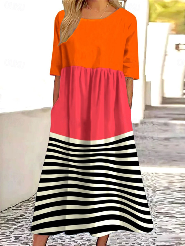 Per donna Abito Midi Abito a trapezio Abito Estivo Vacanza Casual Quotidiano Ferie Vestibilità comoda Grafico Geometrico A righe Mezza Manica Girocollo Rosso Estate