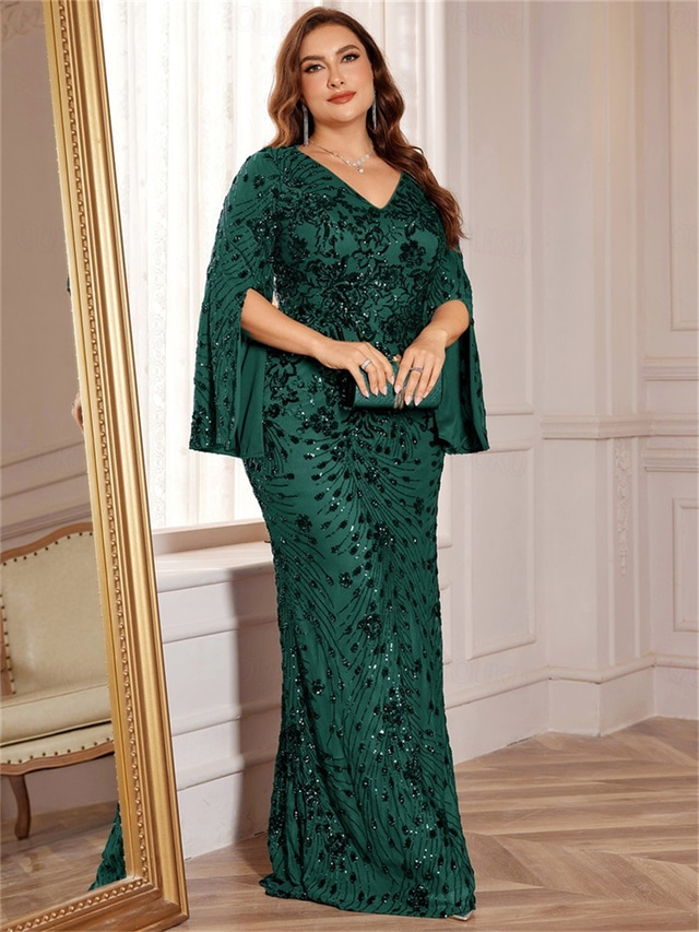  Mermaid / Trumpet Plus Size Dresses Elegant Curve Dress Formal Wedding Floor Length Long Sleeve V Neck Sequined with Sequin 2025