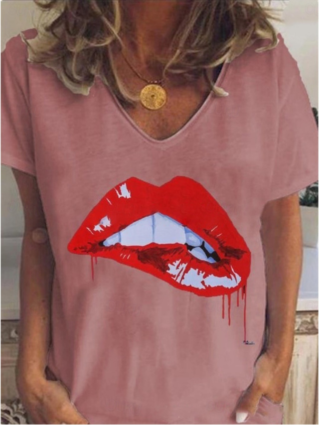  Women's Shirt Graphic Stylish Casual Short Sleeve V Neck Regular Tops Daily Print Black White Pink Khaki Gray Summer