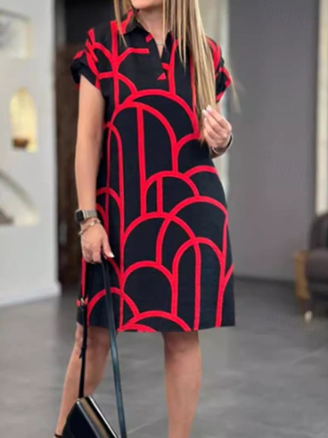  Women's Mini Dress Casual Dress Fashion Outdoor Party Holiday Regular Fit Geometric Short Sleeve V Neck Black Red Blue Summer