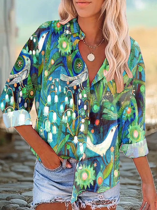  Women's Shirt Floral Graphic Bird Daily Stylish Casual Long Sleeve Shirt Collar Regular Tops Work Daily Buttons Print White Red Green Summer Spring