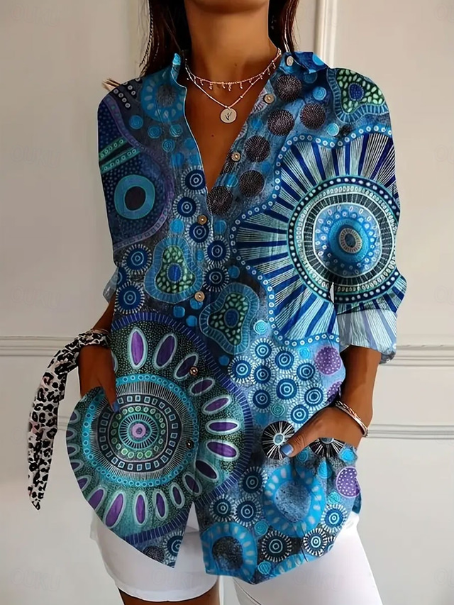  Women's Shirt Graphic Abstract Daily Stylish Modern Long Sleeve Shirt Collar Regular Tops Work Daily Buttons Print Red Blue Orange Summer Spring