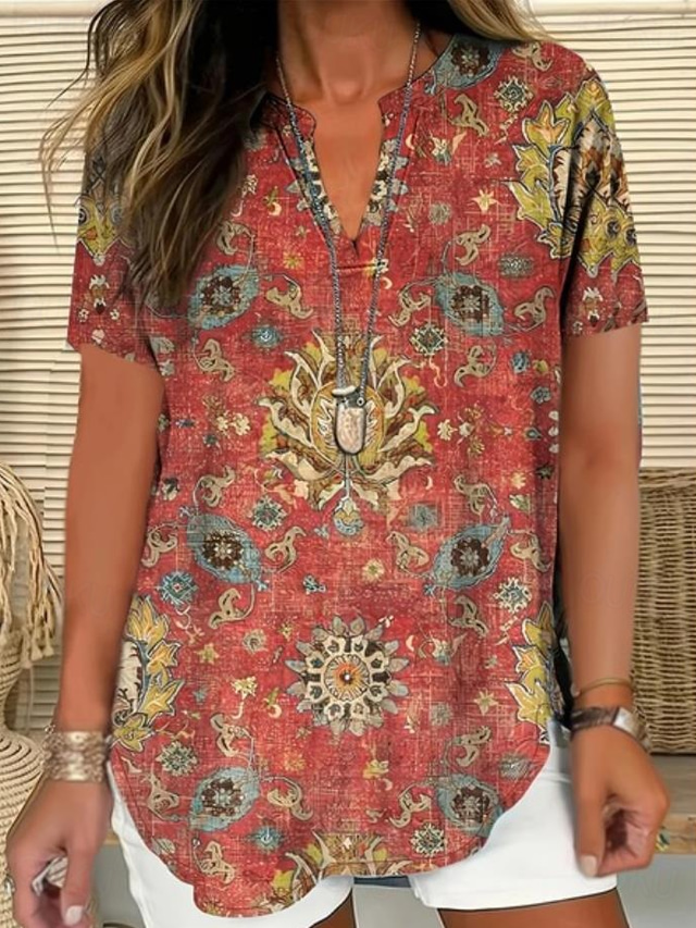  Women's Boho Shirt Graphic Paisley Elegant Bohemia Vintage Short Sleeve V Neck Regular Tops Daily Holiday Going out White Pink Red Blue Purple Summer