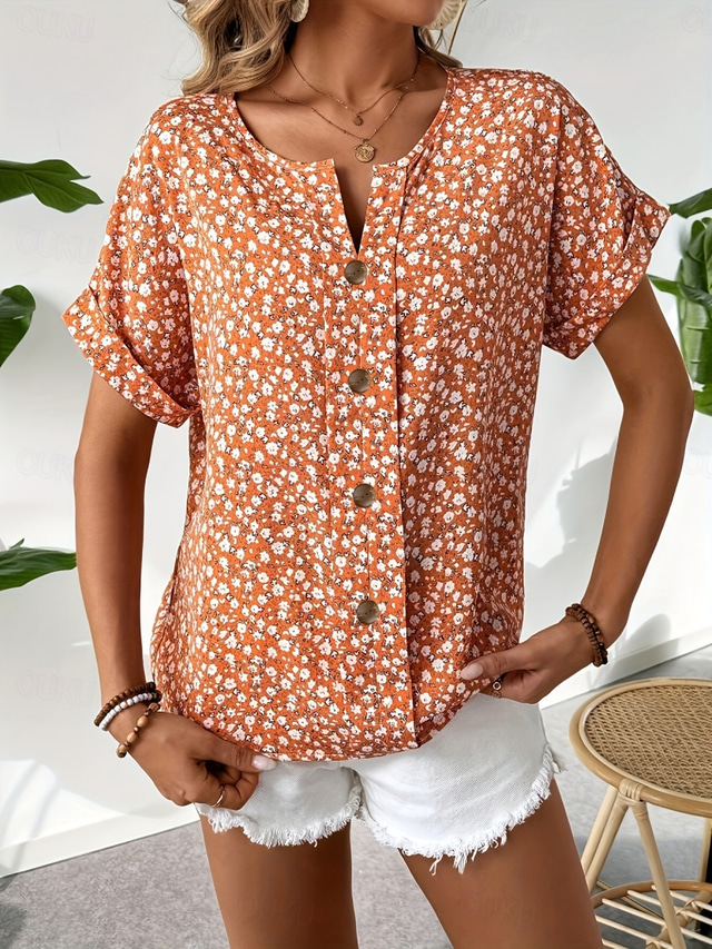  Dame Bluse Blomstret Stilfull Fritid Kortermet Crew-hals Vanlige topper Daglig Knapper Trykt mønster Rosa Navyblå Oransje Sommer