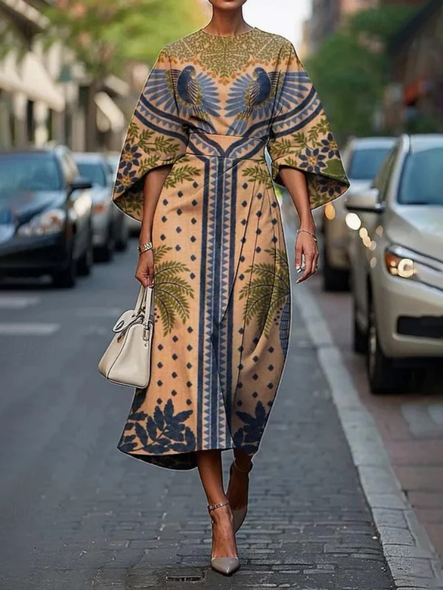  Dame Midikjole Floral kjole Print kjole Elegant Mote utendørs Feriereise Daglig Normal Blomsternål i krystall Halvlange ermer Crew-hals Svart Rosa Blå Lilla Sommer