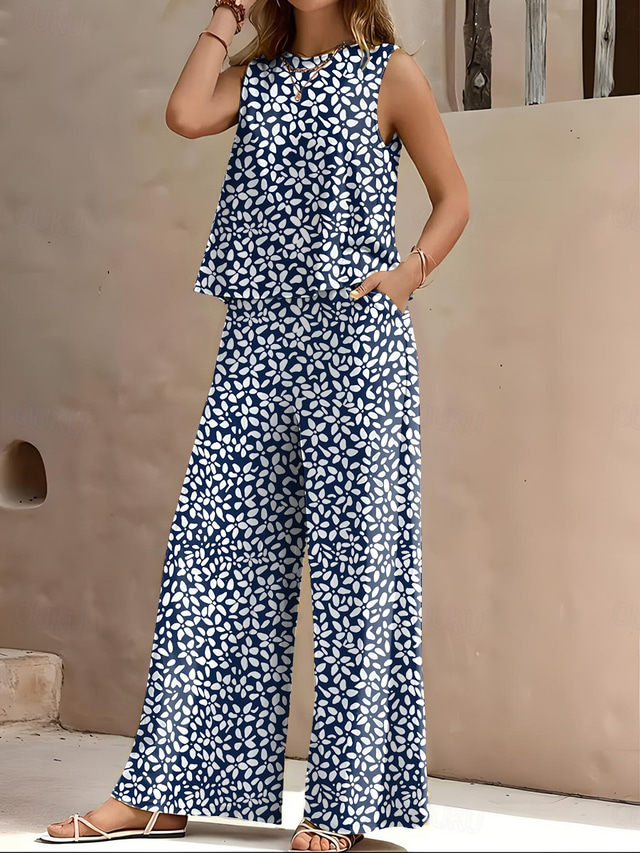  Set di 2 pezzi vintage quotidiante da donna eleganti due pezzi senza maniche collo rotondo grafica geometrica a righe formale ufficio lavoro rosa blu marrone estate regolare