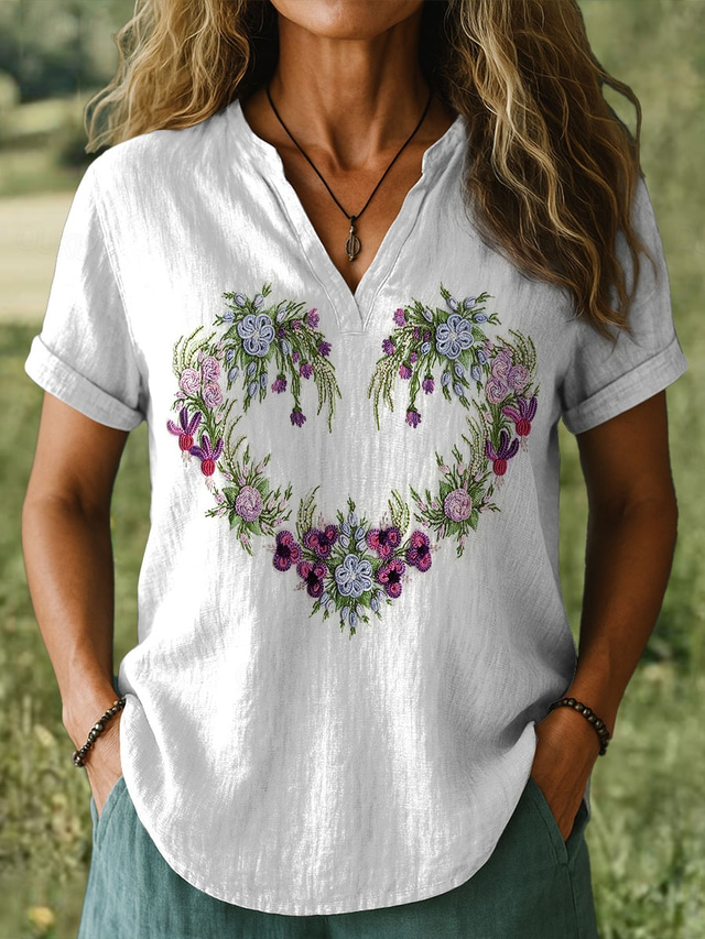  Women's Blouse Heart Floral Graphic Stylish Short Sleeve V Neck Notched Neck Regular Tops Daily Print White Summer