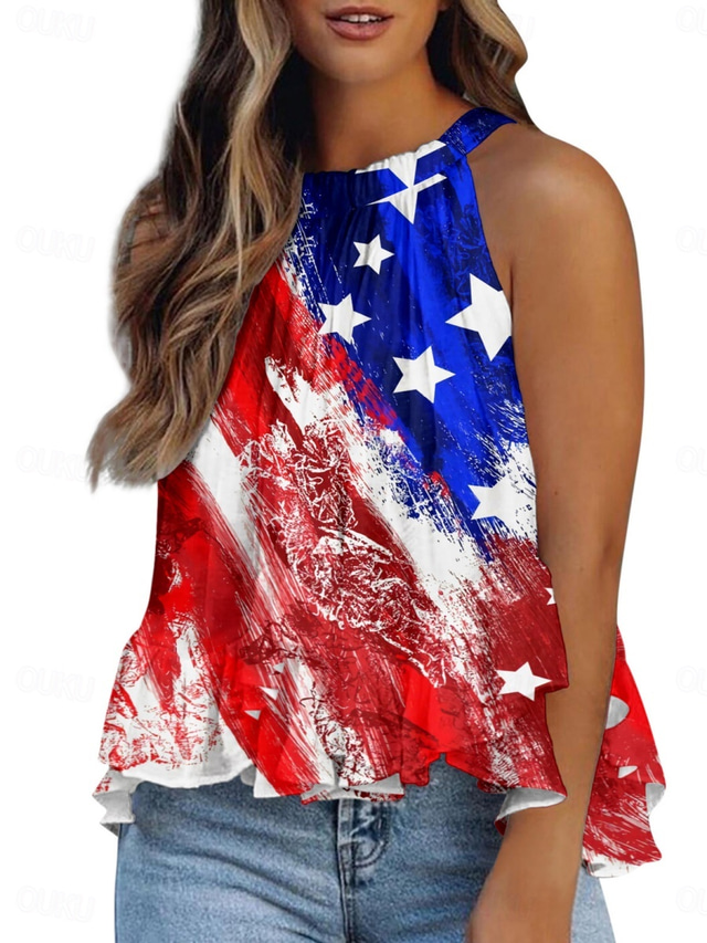  Independence Day Women's Camisole Tank Top Flag Daily Casual Sleeveless Halter Neck Regular Tops Daily Ruffle Print Red Navy Blue Royal Blue Blue Summer