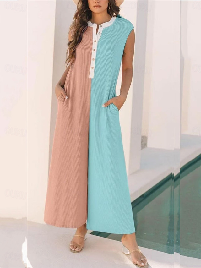  Women's Normal Jumpsuit Active Color Block Short Sleeve Round Neck Buttons Pocket Vacation Daily Regular Fit Pink Blue Purple Summer