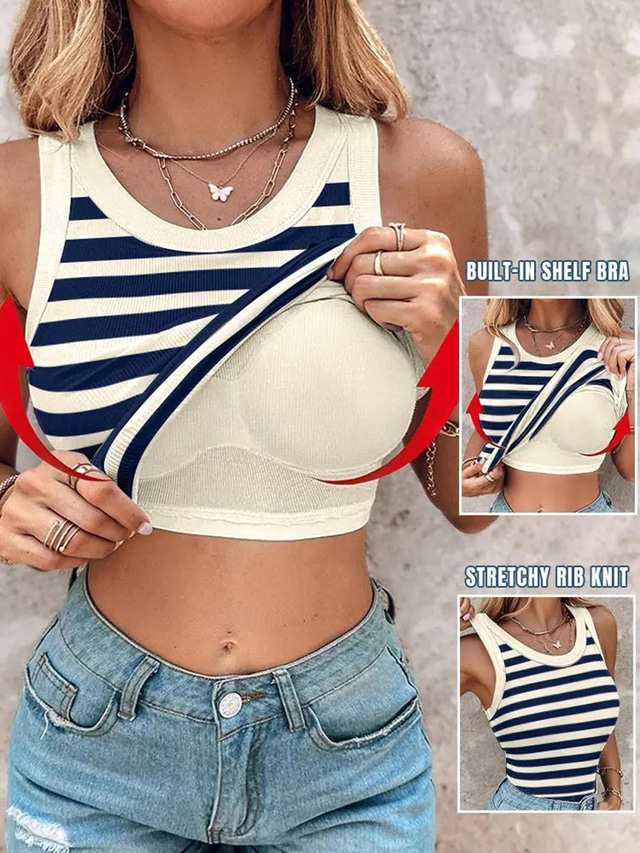  Damen Camisole-Tanktop Gestreift Täglich Stilvoll Lässig Ärmellos Rundhalsausschnitt Normale Oberteile Täglich Druck Schwarz Weiß Blau Grün Sommer