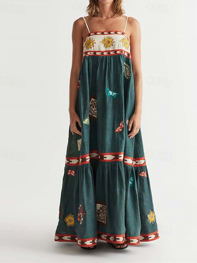  Women's Long Dress Maxi Dress Casual Dress Slip Dress Boho Dress Fashion Outdoor Party Holiday Regular Fit Painting Sleeveless Spaghetti Strap Dark Green Summer