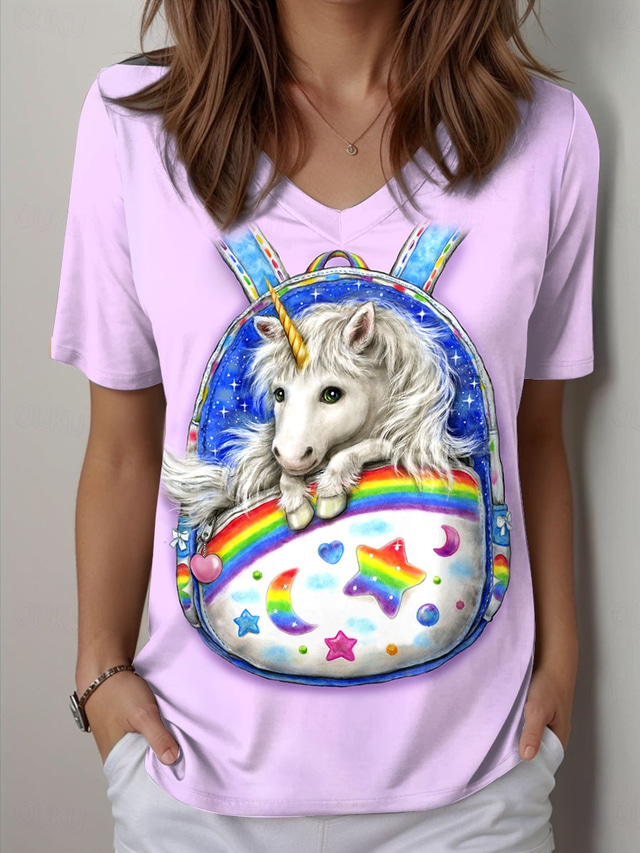  Kayomi Harai Women's T Shirt Graphic Animal Cartoon Vintage Stylish Classic Short Sleeve V Neck Regular Tops Daily Print Purple Summer