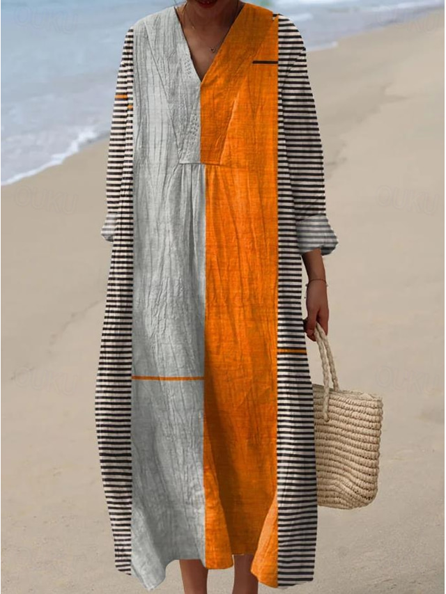  Women's Midi Dress Sundress A Line Dress Vacation Casual Boho Going out Beach Loose Fit Graphic Long Sleeve V Neck Black Blue Orange Khaki Summer Spring