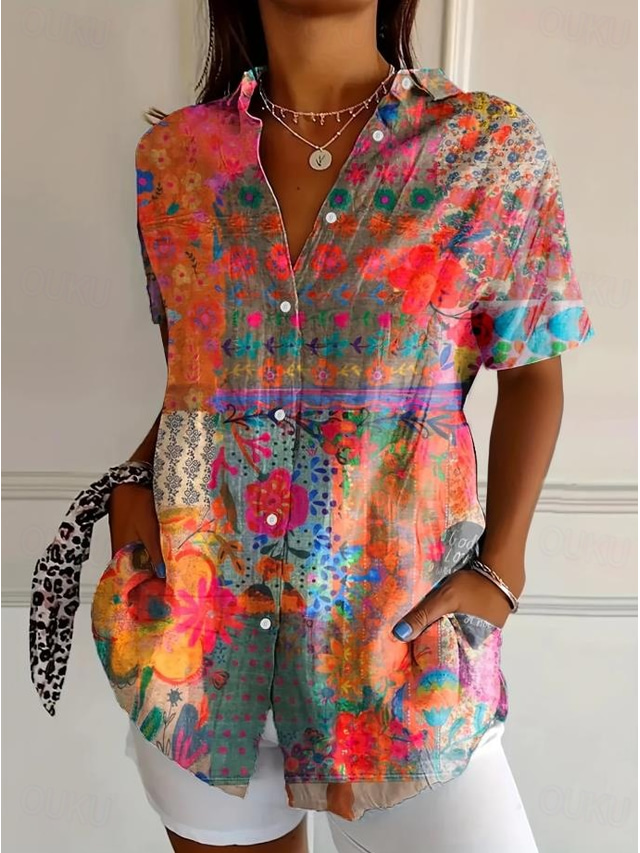  Women's Shirt Long Sleeve Button Down Blouse Floral Graphic Vintage Tropical Daily Short Sleeve Shirt Collar Regular Tops Daily Orange Summer Spring