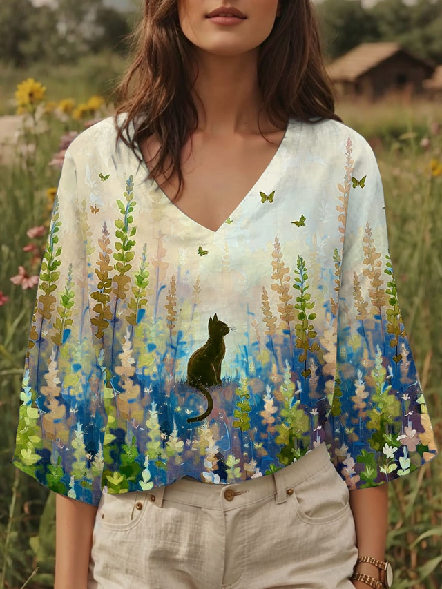  Women's Blouse Floral Graphic Cat Stylish Casual 3/4 Length Sleeve V Neck Regular Tops Daily Yellow Blue Purple Summer Spring