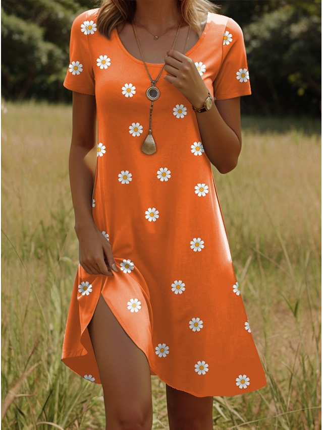  Women's Mini Dress T Shirt Dress Tee Dress A Line Dress Summer Dress Casual Holiday Beach Regular Fit Floral Graphic Short Sleeve Crew Neck Red Light Brown Blue Orange Summer Spring