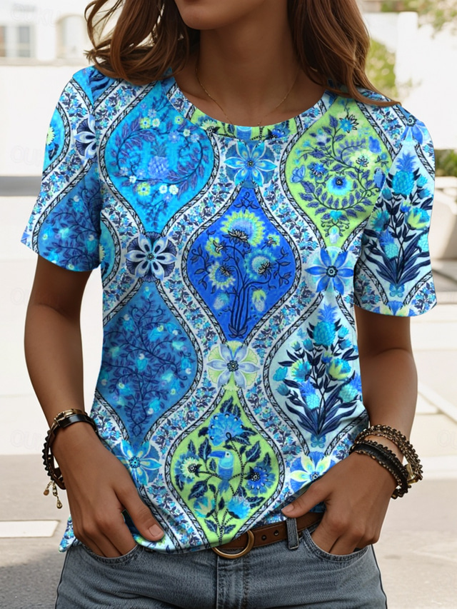  Women's T Shirt Floral Graphic Geometric Vintage Stylish Classic Short Sleeve Crew Neck Regular Tops Daily Weekend Print Blue Fuchsia Orange Summer Spring