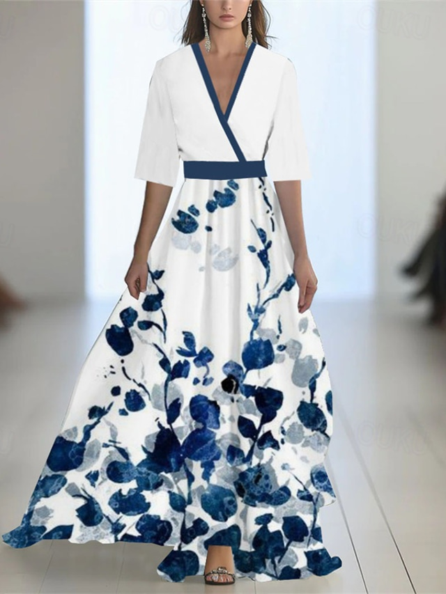  Women's Long Dress Maxi Dress Casual Dress Swing Dress Summer Dress Elegant Fashion Romantic Outdoor Party Holiday Regular Fit Flower Half Sleeve V Neck White Gray Summer