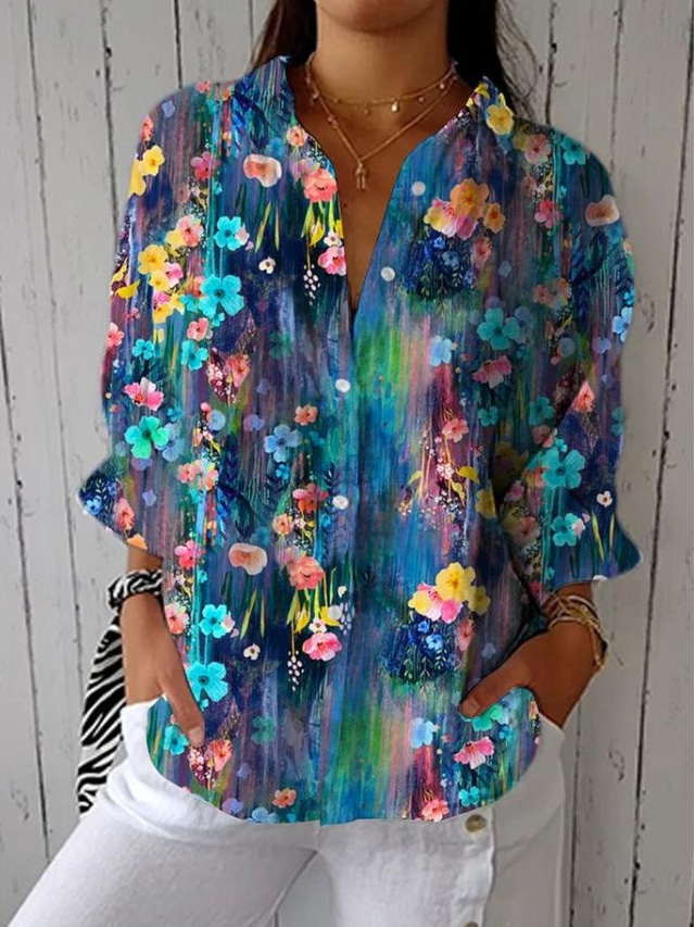  Women's Linen Like Shirt Blouse Floral Graphic Stylish Casual Long Sleeve Shirt Collar Regular Tops Daily Holiday Going out Buttons Yellow Red Blue Green Summer Spring