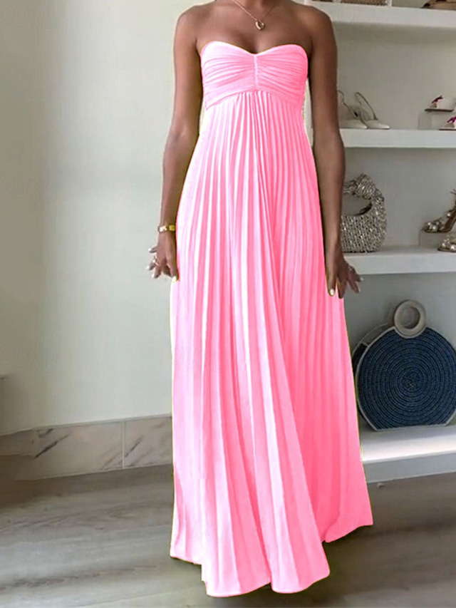  Dames Lange jurk maxi-jurk Casual jurk Swingjurk Modieus Buiten Feest Avond Feest Normale pasvorm Effen Mouwloos Strapless Geel Blozend Roze blauw Zomer