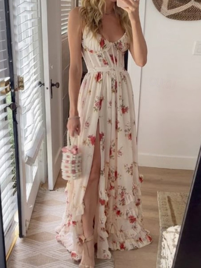  Women's Long Dress Maxi Dress Casual Dress Floral Dress Fashion Elegant Dress Outdoor Party Holiday Regular Fit Flower Sleeveless V Neck White Summer