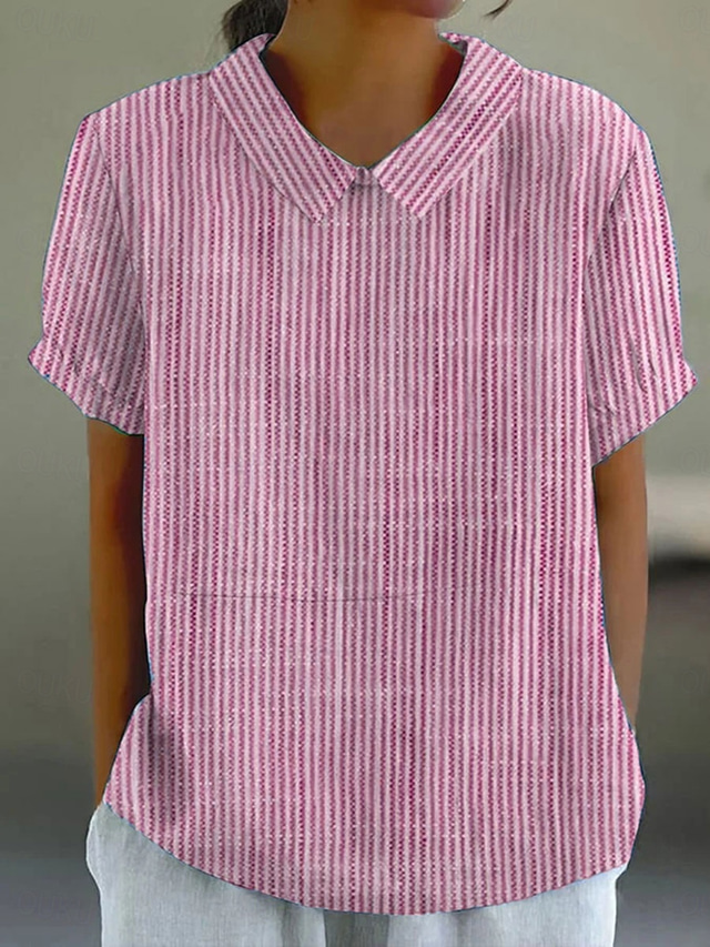  Women's Blouse Graphic Geometric Striped Elegant Daily Stylish Short Sleeve Shirt Collar Regular Tops Work Daily Holiday Print Pink Blue Green Gray Summer Spring