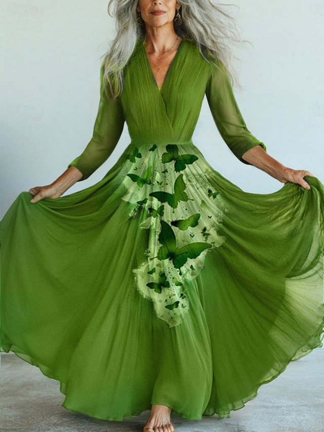  Women's Long Dress Maxi Dress Casual Dress Swing Dress Summer Dress Boho Dress Vintage Vacation Daily Holiday Regular Fit Floral Butterfly Long Sleeve V Neck Dark Green Summer