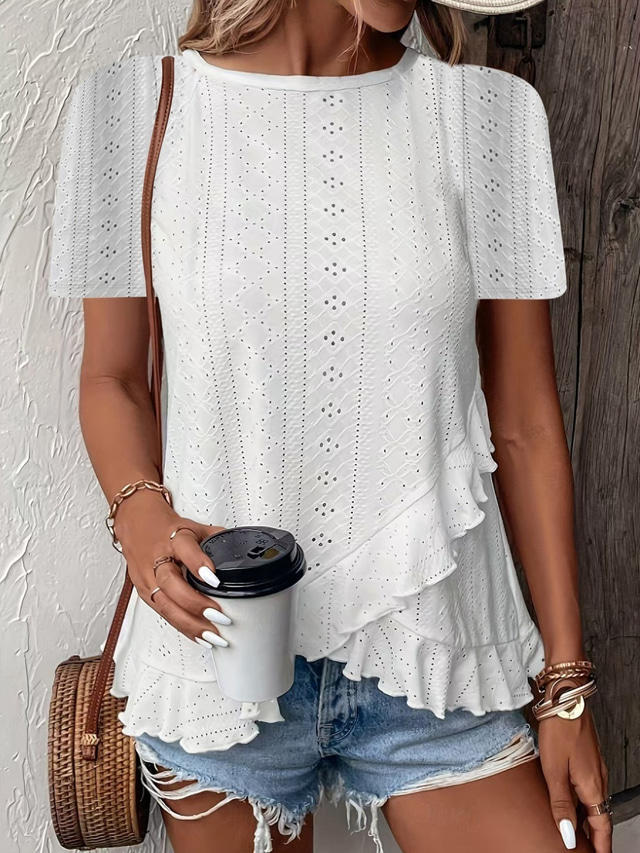  Women's T Shirt Solid Color Plain Basic Casual Short Sleeve Crew Neck Regular Tops Daily Weekend Ruffle Eyelet White Yellow Pink Green Summer