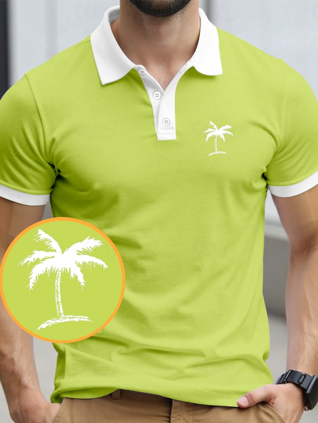  Men's Palm Tree Polo Short Sleeve Polo Shirts Collared Shirts Resort Daily Wear Vacation Wear 3D Print Summer Black Yellow Navy Blue