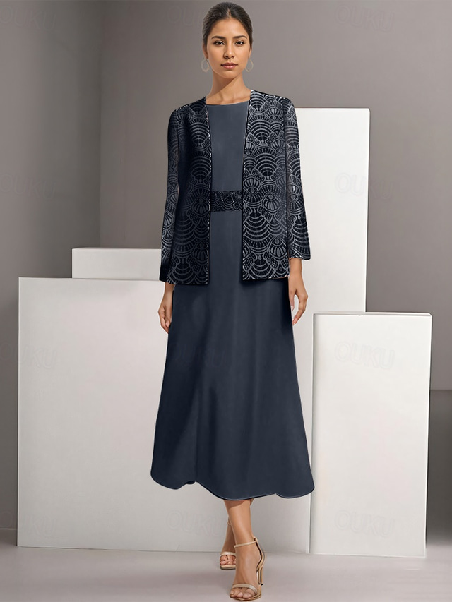  Two Piece A-Line Mother of the Bride Dress Elegant Simple Casual Boat Neck Ankle Length Chiffon Long Sleeve with Lace 2025